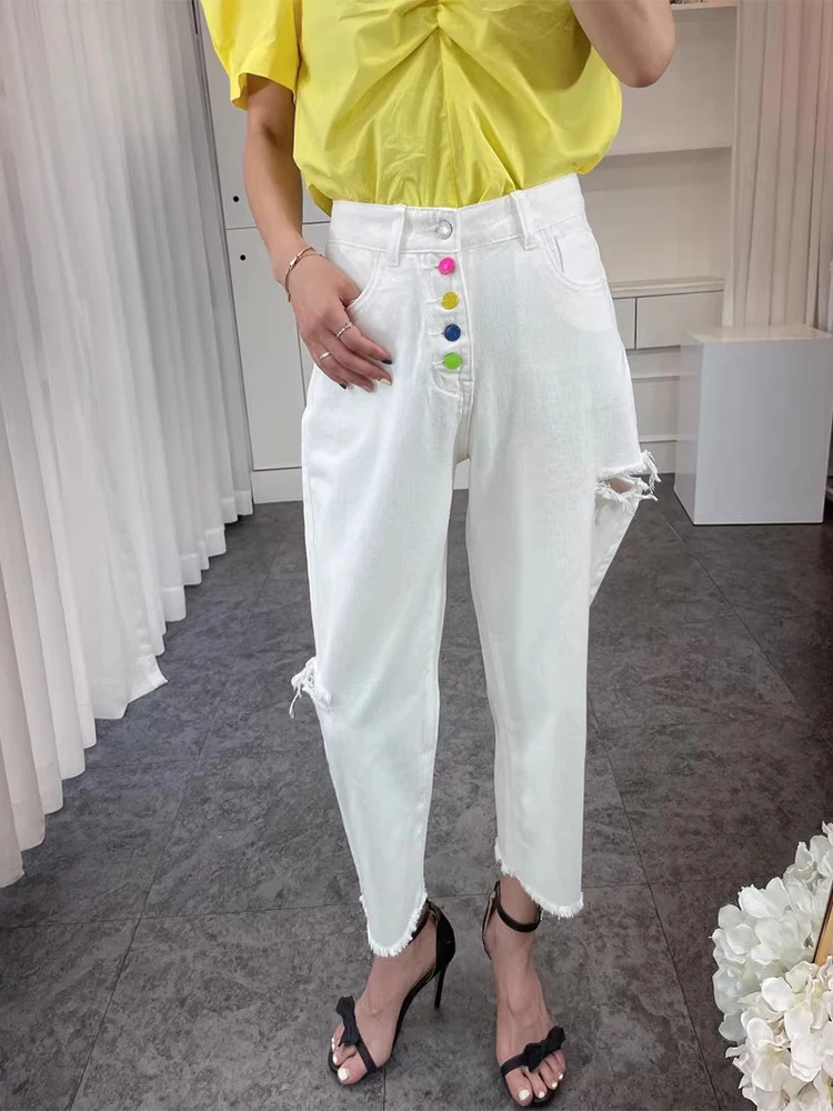 

Spring New Chic High Waist Straight Leg Denim Jeans Women's Long Trousers Button Hole Design Frayed Casual Jeans