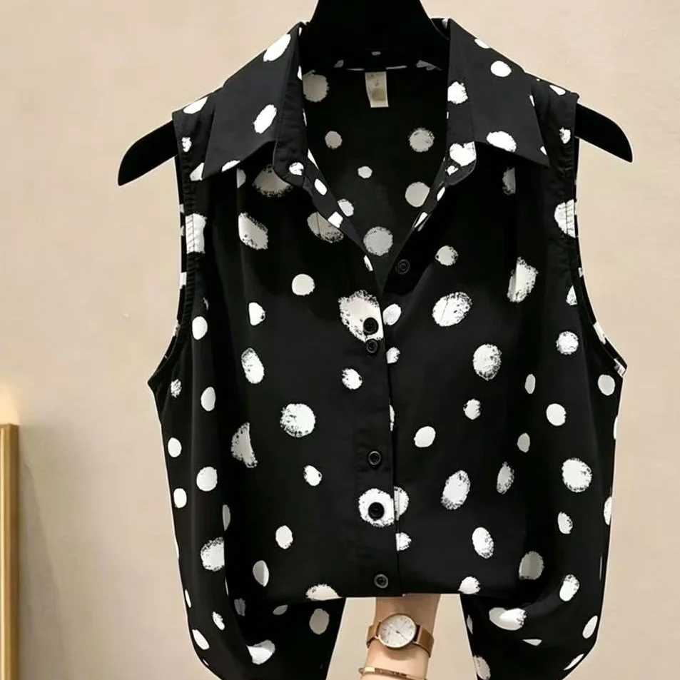 

Retro Polka Dot Sleeveless Neck Shirt Women's Loose Fit Summer New Style Slimming Design Unique Vest Top Female Fashion