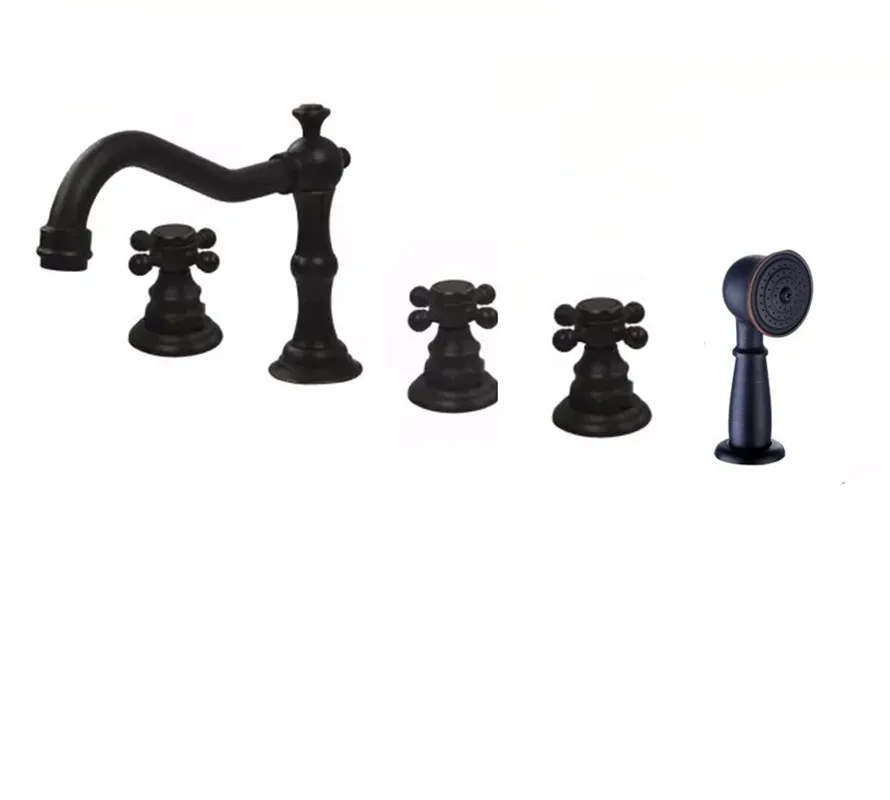European Style Ceramic Handle Black Copper Bathtub Faucet Hot Cold Mixer Tap 3 Handle 5 Hole Bathtub Faucet With Shower