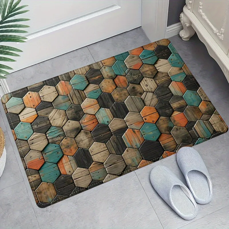 Vintage Hexagon Wood Grain Door Mat Wooden Decorative Floor for Living Room Bedroom Entrance Bathroom Kitchen Dirt-Proof Doormat