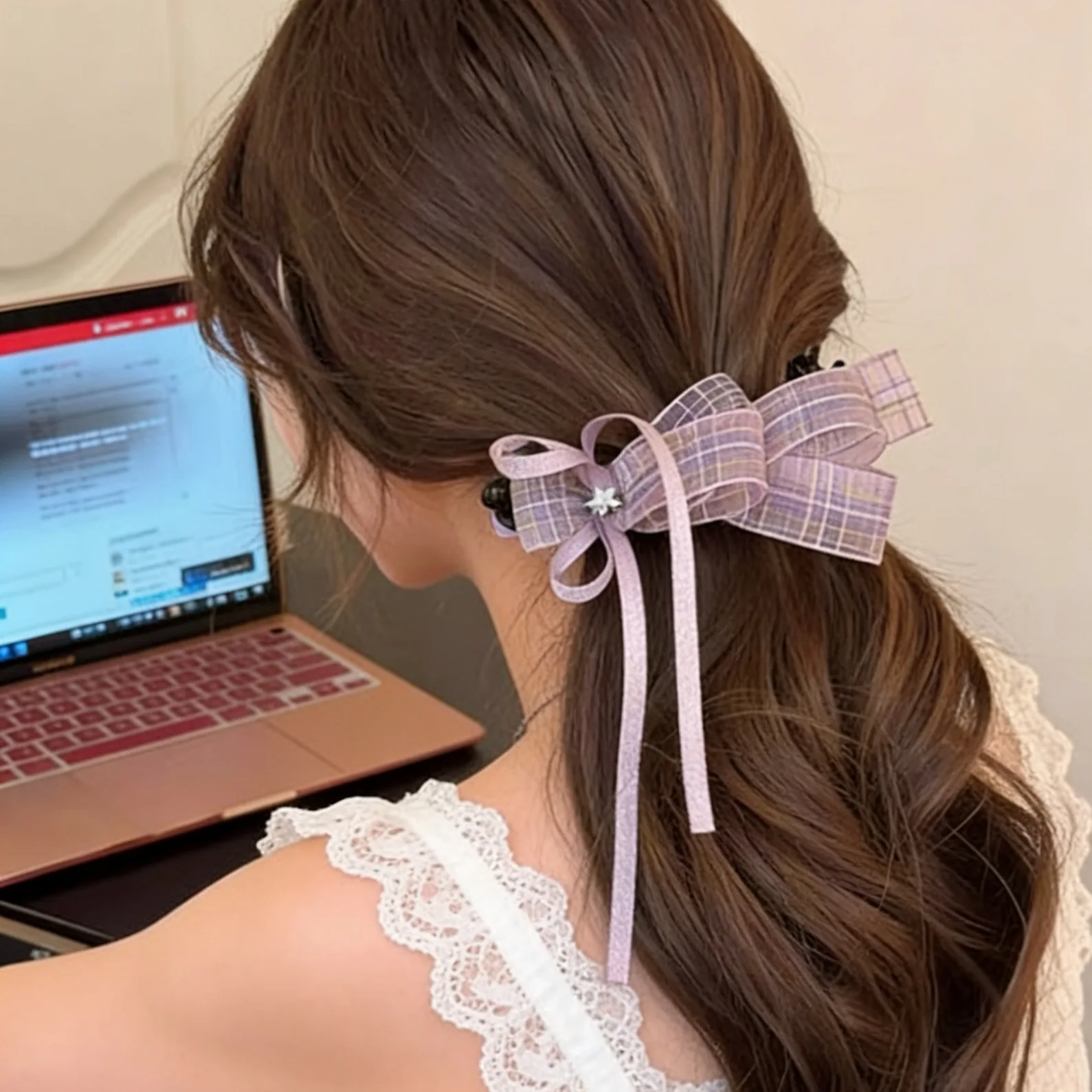 1pc Vintage Plaid Bow Ribbon Banana Clip Korean Style Vertical Hair Claw for Women High Ponytail Holder Early Spring Chic