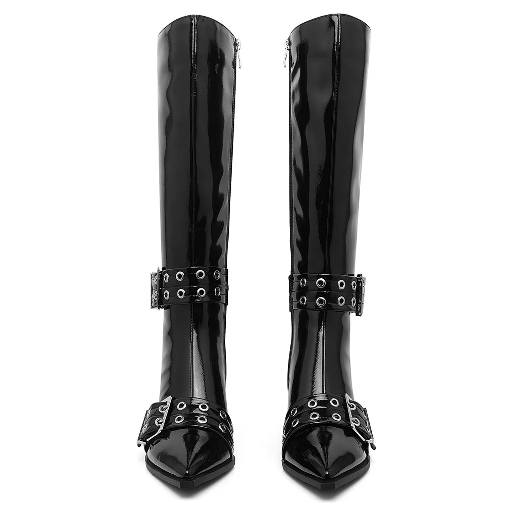 Chunky High Heel Pointed Toe Motorcycle Boots Side Zipper Buckle Patent Mid-calf Boots Fashion Street Snap Cool Punk Y2k Shoes