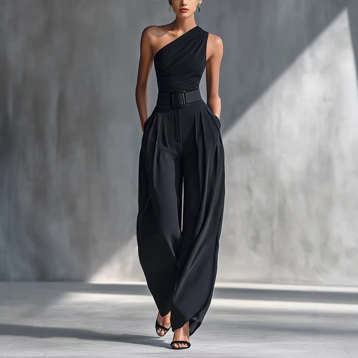 Tank Top Trousers 2 Pieces Set For Woman Pants Sleeveless High Waist Pleated Front Long Pants Flowing Silhouette Wide Leg Pants
