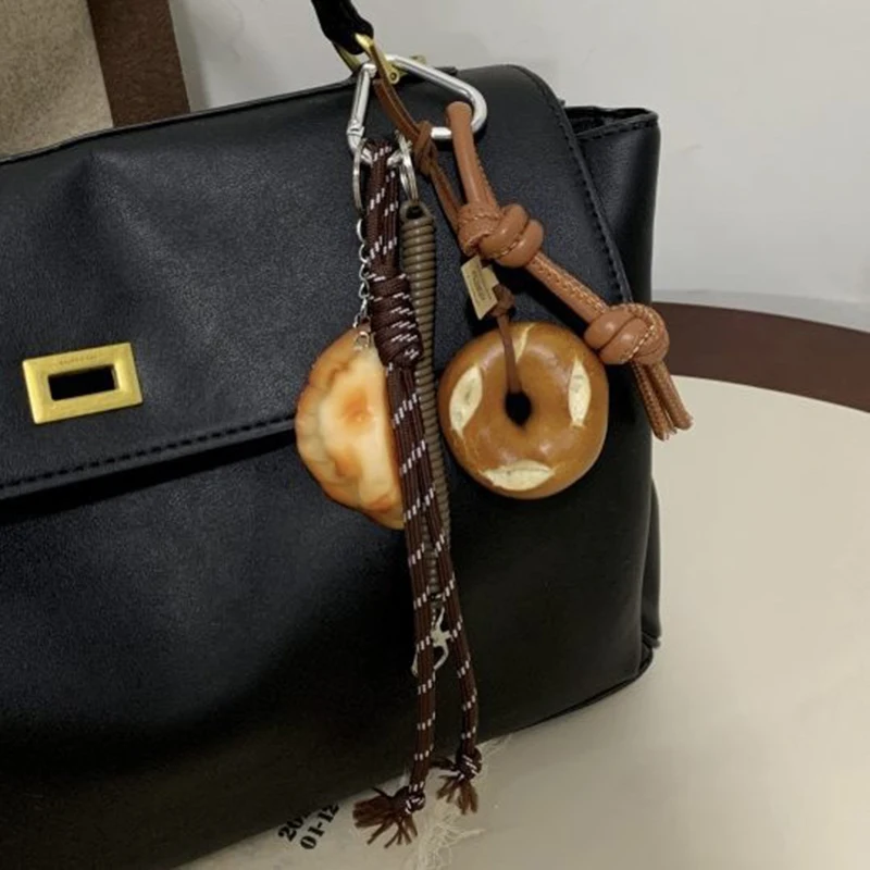 

Bagel Bread Chocolate Bag Charm Pendant Keyring Braided Rope Keychain Charm Hanging Accessories
