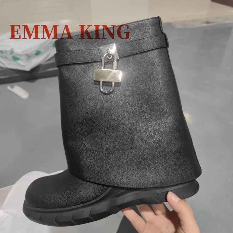 Wedge PU Leather Fold Over Biker Boots Silver Lock Detail Shark Boot Fashion Luxury Design Winter Warm Platform Women\'s Boots