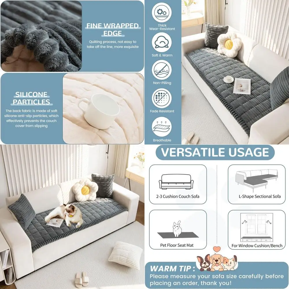 

Плюшевые нескользящие чехлы для дивана с 3 подушками, моющиеся, подходят для домашних животных, для всех сезонов (серый, 27,6 x 82,7)