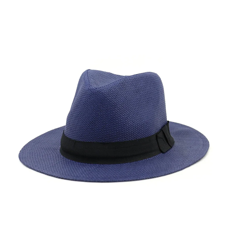 

Navy Summer Straw Hat Men Khaki Beach Hats Sun Protection Cap Wide Brim Solid Panama Hat Casual Jazz Hat Black New Design