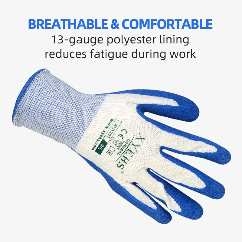 XYEHS XU1207 Anti-Slip Dipped Latex Coated Safety Work Gloves, 13 Gauge Polyester, Abrasion & Water Resistant for Construction