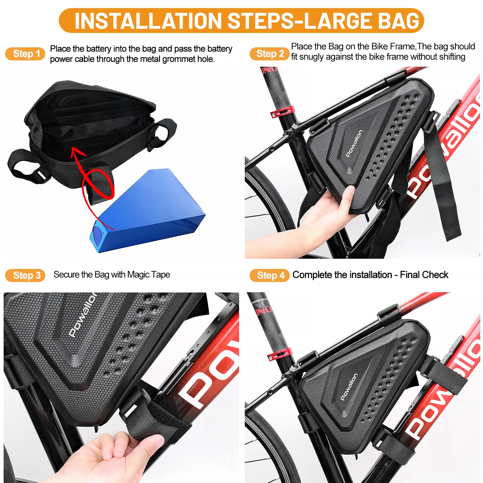 Wasserdichte Hartschalen-E-Bike-Dreieck-Akkutasche, 2 Stile Elektrofahrrad-Rahmenrohr-Akku-Aufbewahrungstasche für E-Bikes – Detail 7