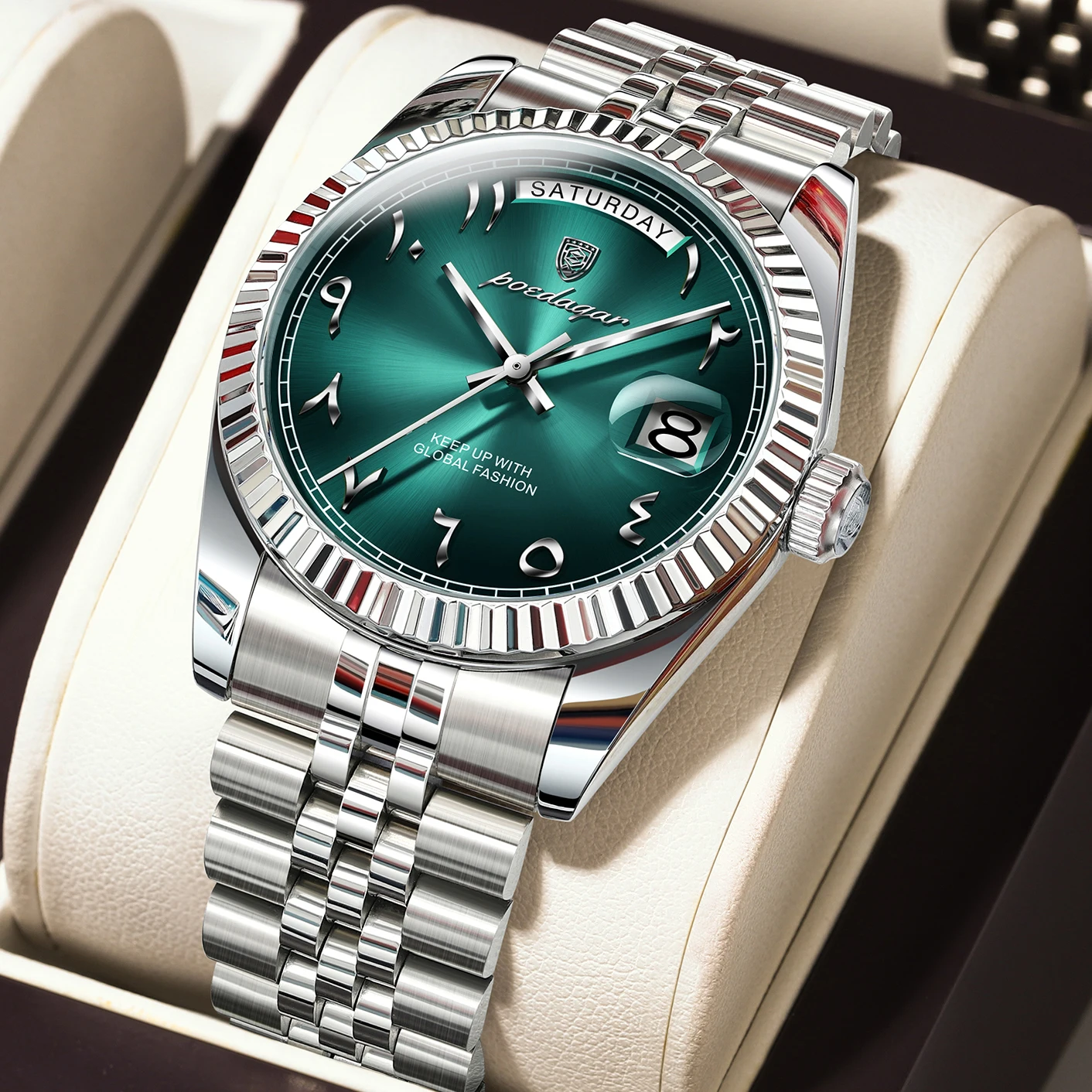 POEDAGAR Original Trendige Herrenuhr Wasserdicht Datum Wochentag Modische Herrenuhr Edelstahl Luxus Quarzuhr für Herren Reloj