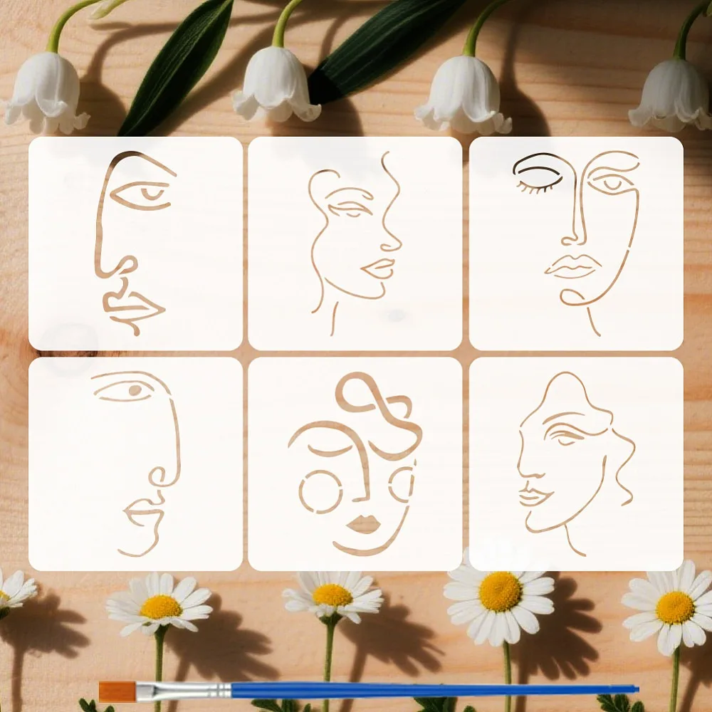 6Styles Abstract Human Face Stencils with a Brush 5.9x5.9Inch Facial Lines Painting Stencil PET Male Female Face Line Stencils