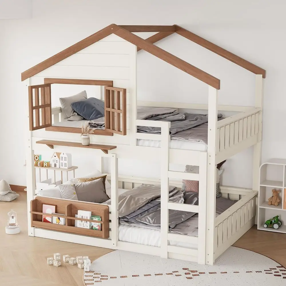 Full-Size Bunk Beds with Built-In Bookshelves, Low Loft Beds for Kids, Suitable for Boys and Girls, No Box Spring Required, Beig