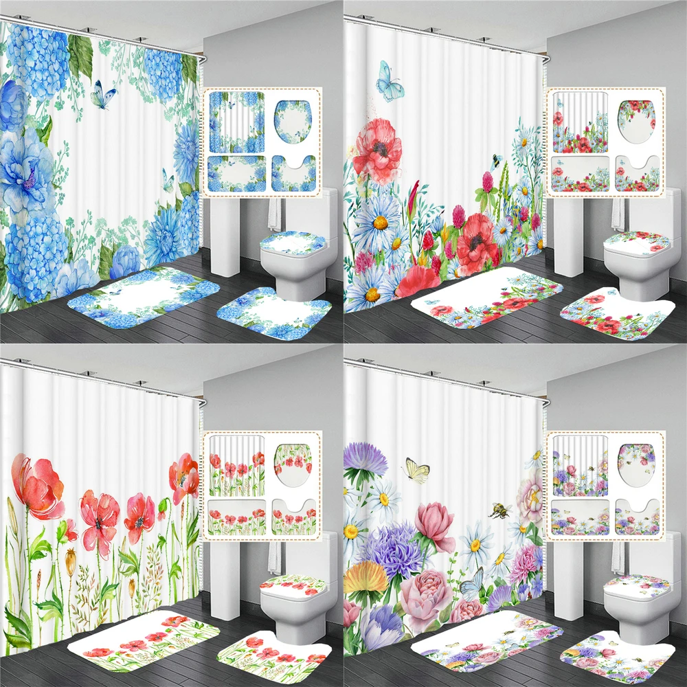 Einfache Art Blumen und Pflanzen 3d Dusch vorhang Bad Vorhänge Sockel Teppich Toiletten deckel Deckel rutsch feste Teppich Bade matte Set