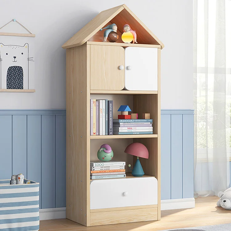 Modern bedroom playroom library wood kid book storage cabinet children's bookcase bookshelves set with drawer and door