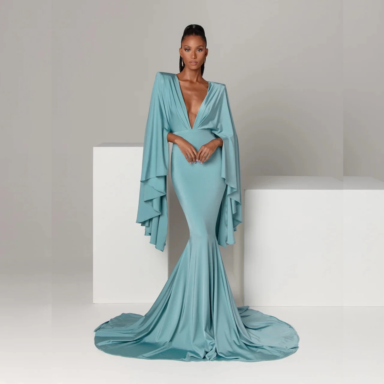 

Kadisua Tailor-made Solid Color Evening Dress Women Cap Long Sleeve V-Neck Plus Size Charming Prom Gown Luxury Party Vestidos