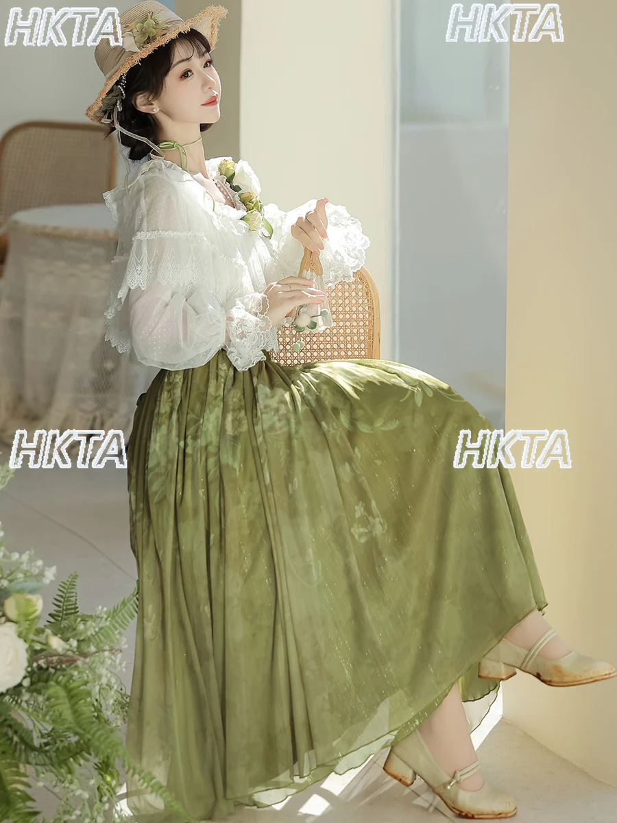 

New Chinese Elegant Petals Long Sleeves Shirt New Summer Thin White Shirts Top Slim Fiting Folds A Line Long Skirts Suits Women
