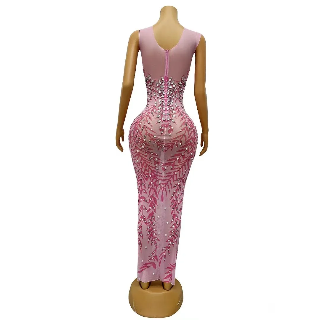 Sexy stretch outfit dans podium verjaardag vieren kostuum feestkleding zilveren strass kristallen mouwloze roze jurk