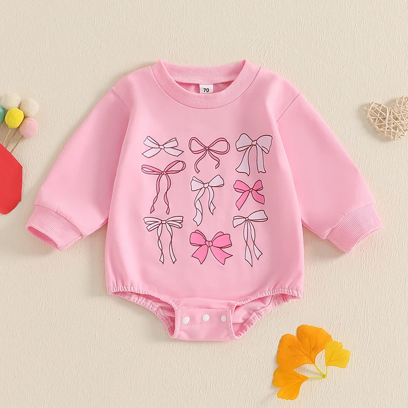 Baby Girls Sweatshirt Romper Bow Print Long Sleeve Jumpsuits Fashion Clothes for Newborn Infant Toddler 0-18 Months