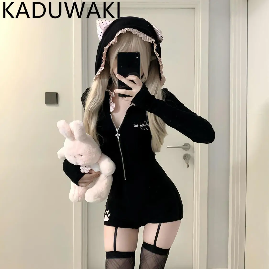 

Japanese Dark Punk Lolita Style Lambswool Coat 2 Piece Set Gothic Cat Ears Hooded Jacket Slim Fit Jumpsuit Women Suits Y2k