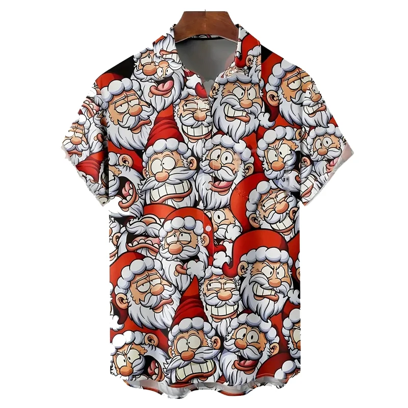 Camisa masculina de botão manga curta, bolso no peito, tecido respirável, padrão festivo, desenhos animados elegantes de Papai Noel e Alce, feriado