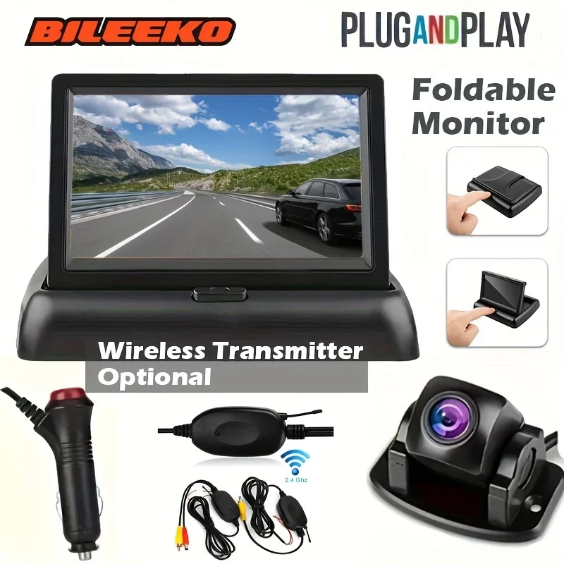

Bileeko Car Backup Camera Kit Foldable Reverse Monitor-Rearview for Cars, SUVs & Pickups-Wired/Wireless Transmitter Optional