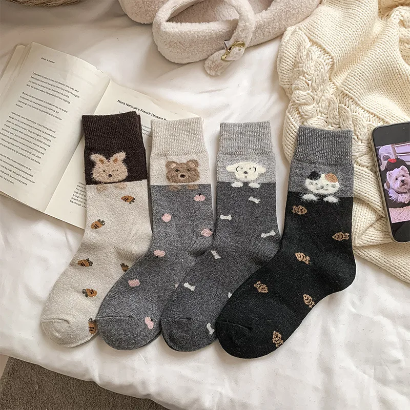 

Носки средней длины с милым котом из мультфильма, зима-осень, теплые однотонные вязаные носки, корейские цветные хлопковые носки для женщин и девочек