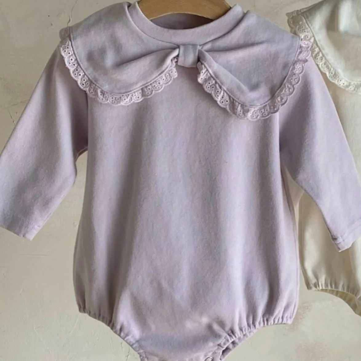 2024 Autumn New Baby Girl Long Sleeve Bodysuit Cotton Infant Girls Peter Pan Collar Jumpsuit Newborn Kids Solid Clothes