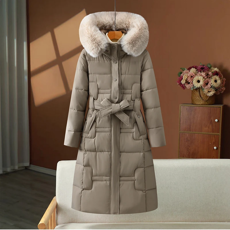 

Women's Down Coat Big Fur Collar Slim Fashion Cotton Padded Jacket Belt Loose Thick Warm Korean Winter Long Parka Coat Trend New