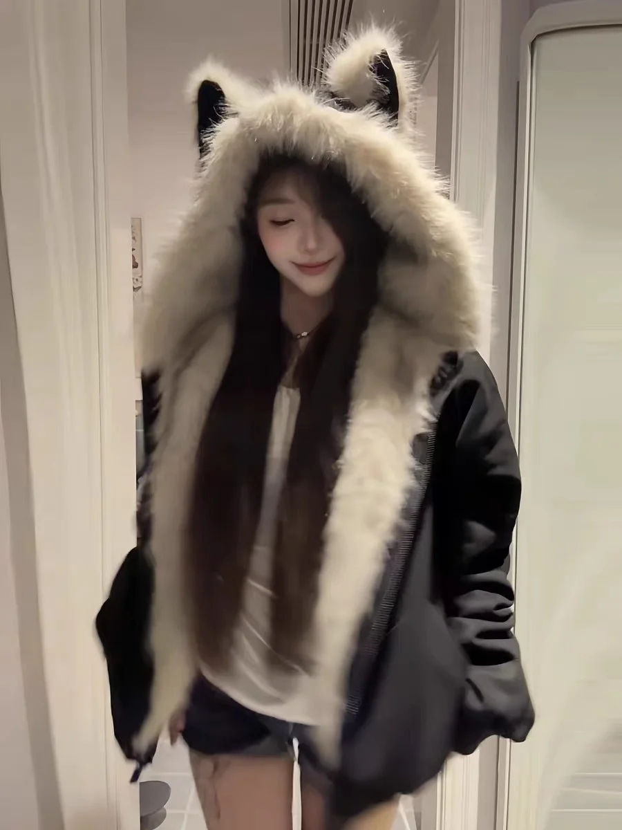 

Women's Thickened Fleece Lined Hooded Cotton Jacket Ear Mountain Eagle Fur Collar Winter New Style Korean Style Cotton Coat