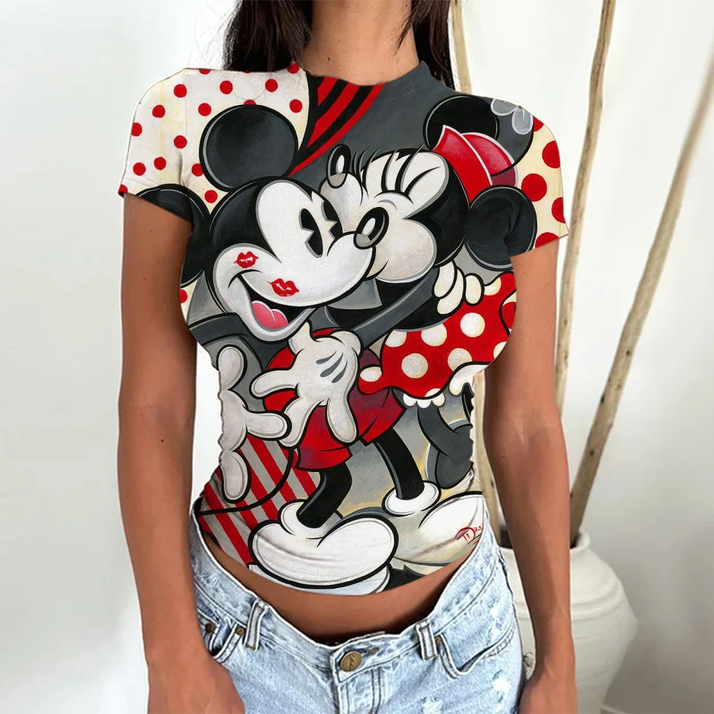 Summer Skinny T-shirt Women Disney Mickey Minnie Print Tops Pullover Streetwear Y2k Vintage Basic Tees Female Tshirts Casual