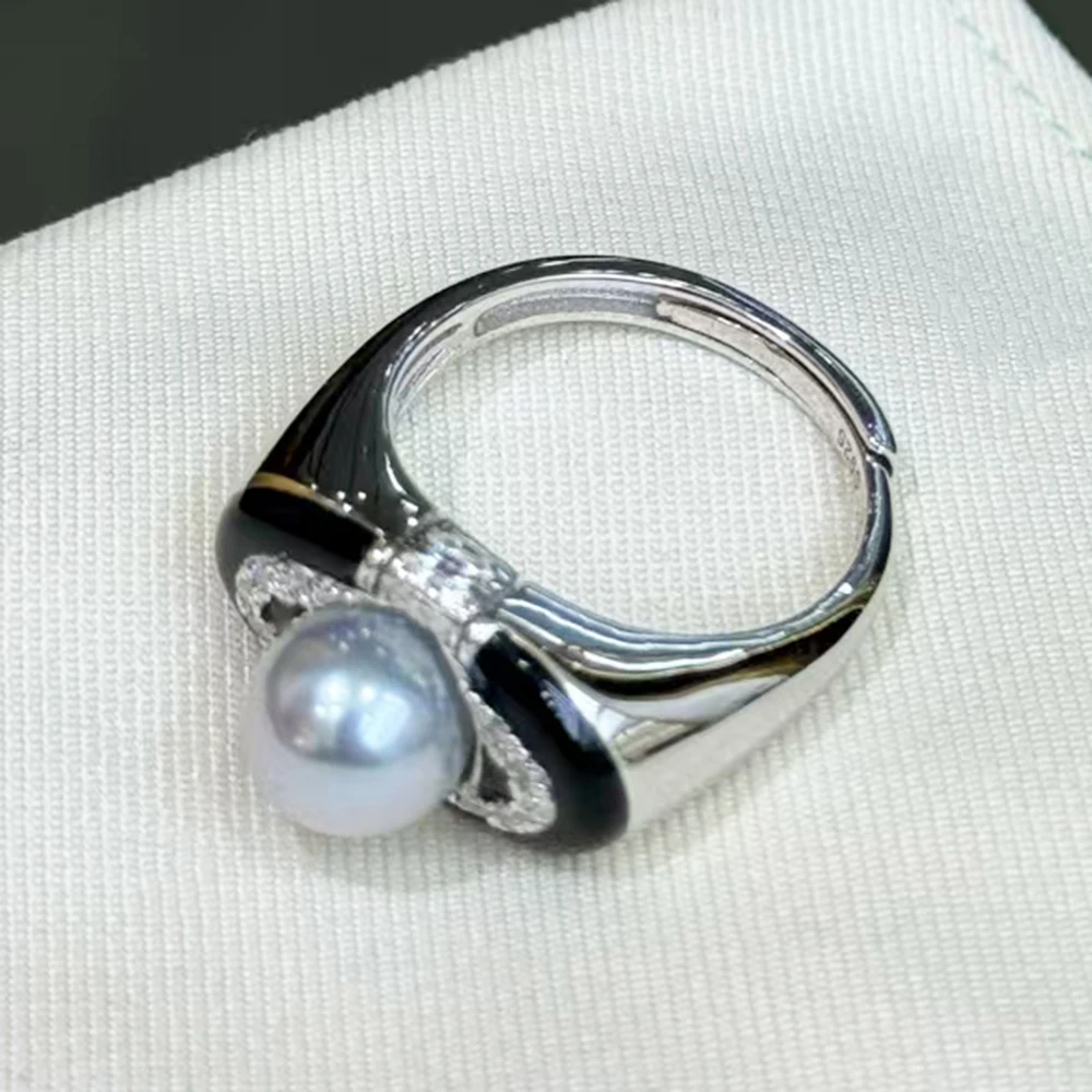 Niche Vintage Real Pearl Ring with 8-8.5mm Silver Blue Natural Seawater Akoya Pearl Heavily Crafted Good Texture Thick Silver