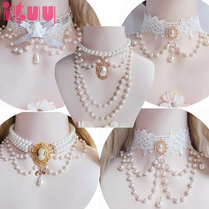 

Handmade Gothic Lolita Goddess Virgin Mary Pendant Lace Pearl Necklace Wedding Princess Collarbone Chain KC Necklace Accessories