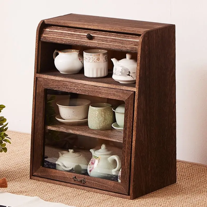 Solid wood Chinese tea set Pu'er tea storage  room cup rack, dust-proof rolling shutter door storage cabinet tea cup