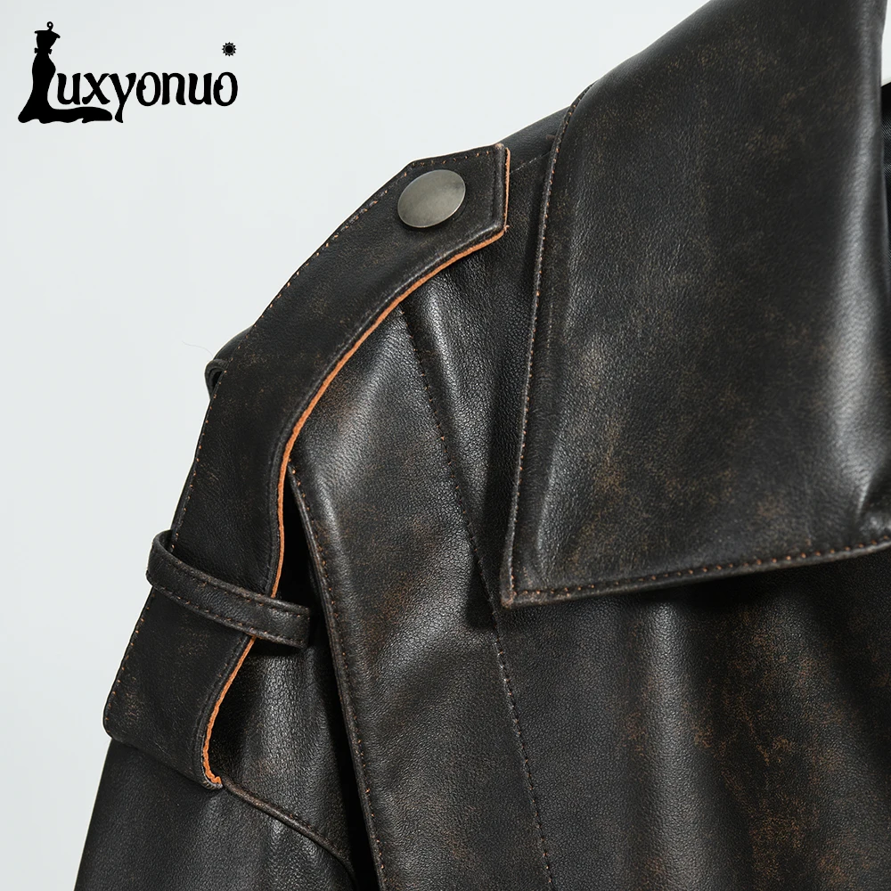 Luxyonuo Genuine Leather Jacket Women Sheepskin Coat Ladies Spring Fall Vintage Real Leather Coats Loose Style 2024 New Arrival