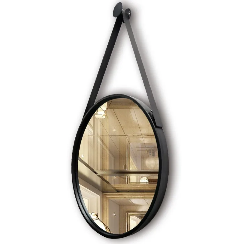 Wholesale Home Decor Vintage Large Round Leather Strap Black Round Metal Frame Glass Wall Mirror Miroir Spiegel