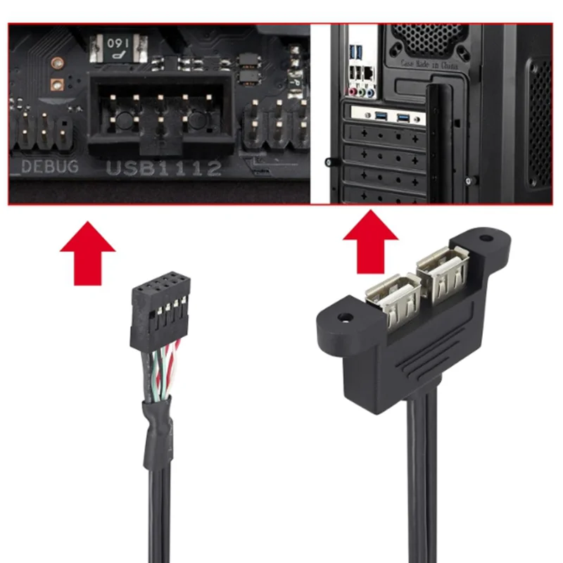 

0,3 м 0,5 м USB 2.0A с двумя портами, гнездовой винтовой панель, крепление к материнской плате, 9-контактный гнездовой разъем, черный кабель