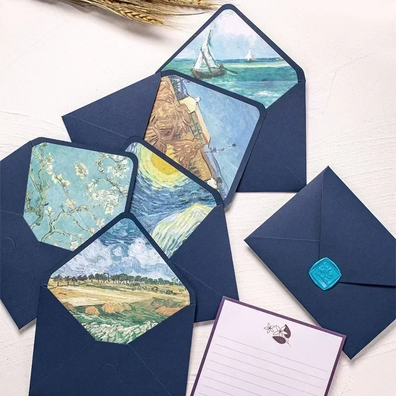 5pcs/batch of blue high-end Van Gogh romantic envelope with lining, high-end invitation letter postcard