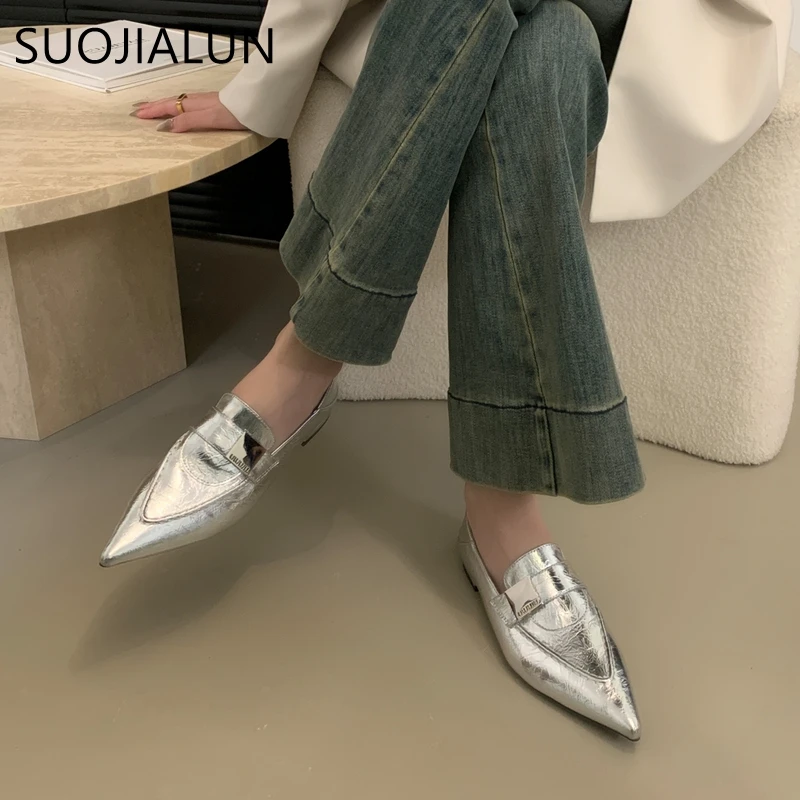 SUOJIALUN 2024 Autumn Women Flat Shoes Fashion Pointed Toe Buckle Ladies Elegant Laofer Shoes Square Low Heel Casual Single Shoe