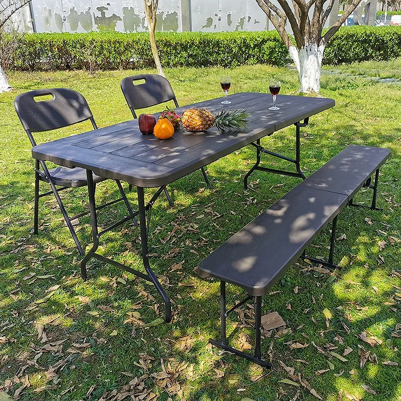 

Outdoor 6FT Powder Coating Finished Steel Frame Wood Grain Plastic Folding Table For Garden