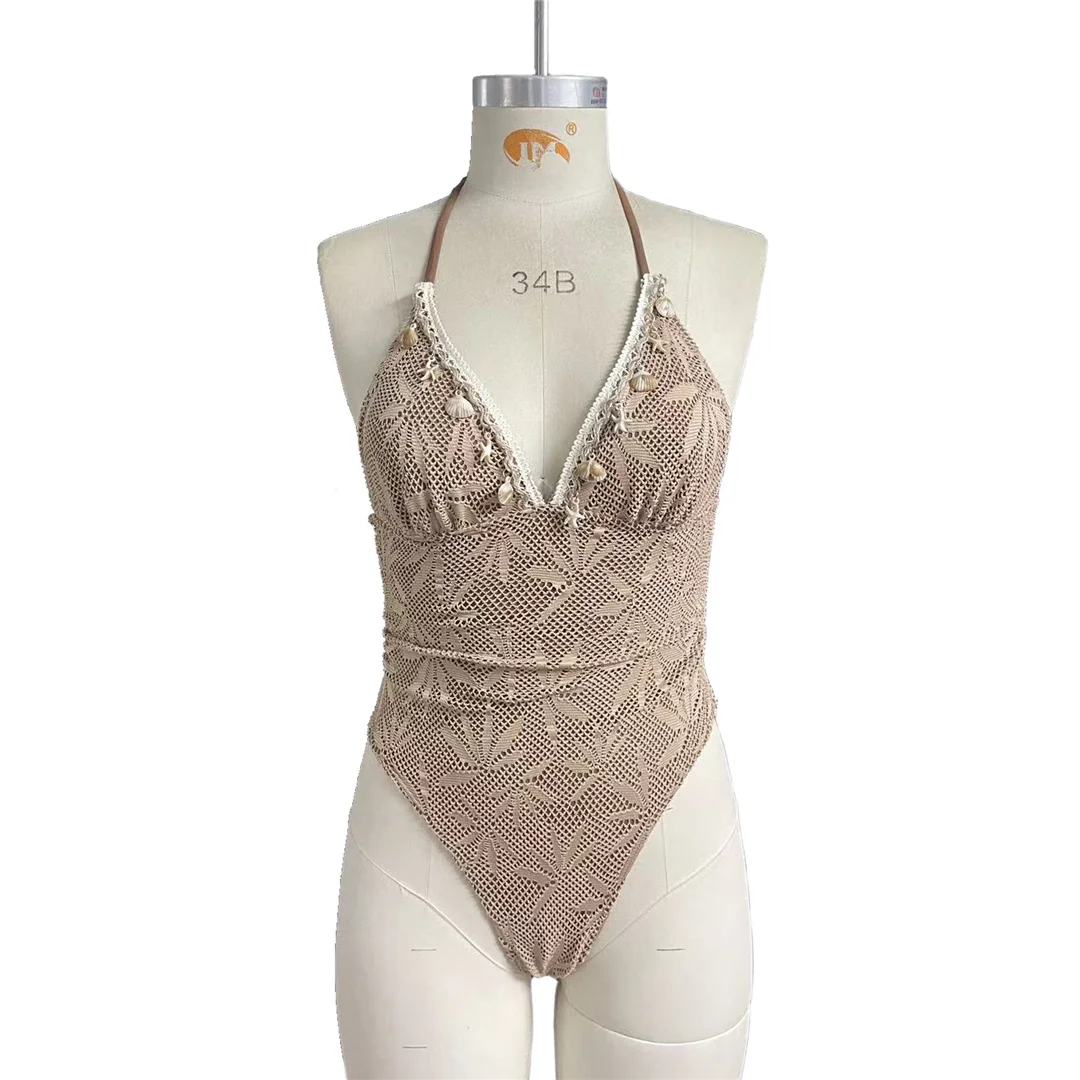 S - XL Sexy Badeanzug mit Rock, gewelltem Rand und Print, einteiliger Badeanzug für Damen, V-Ausschnitt, Neckholder, Badebekleidung, Badeanzug V8503 – Detail 12