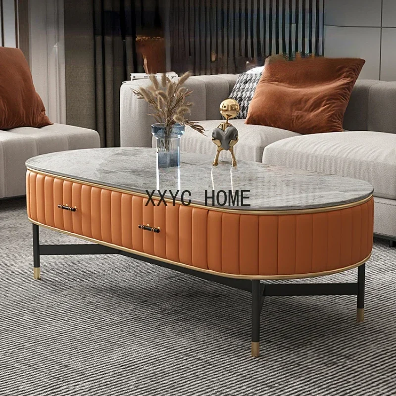 Bright Surface Stone Plate Coffee Table Nordic Modern Oval Light Luxury Stone Endtable Unique