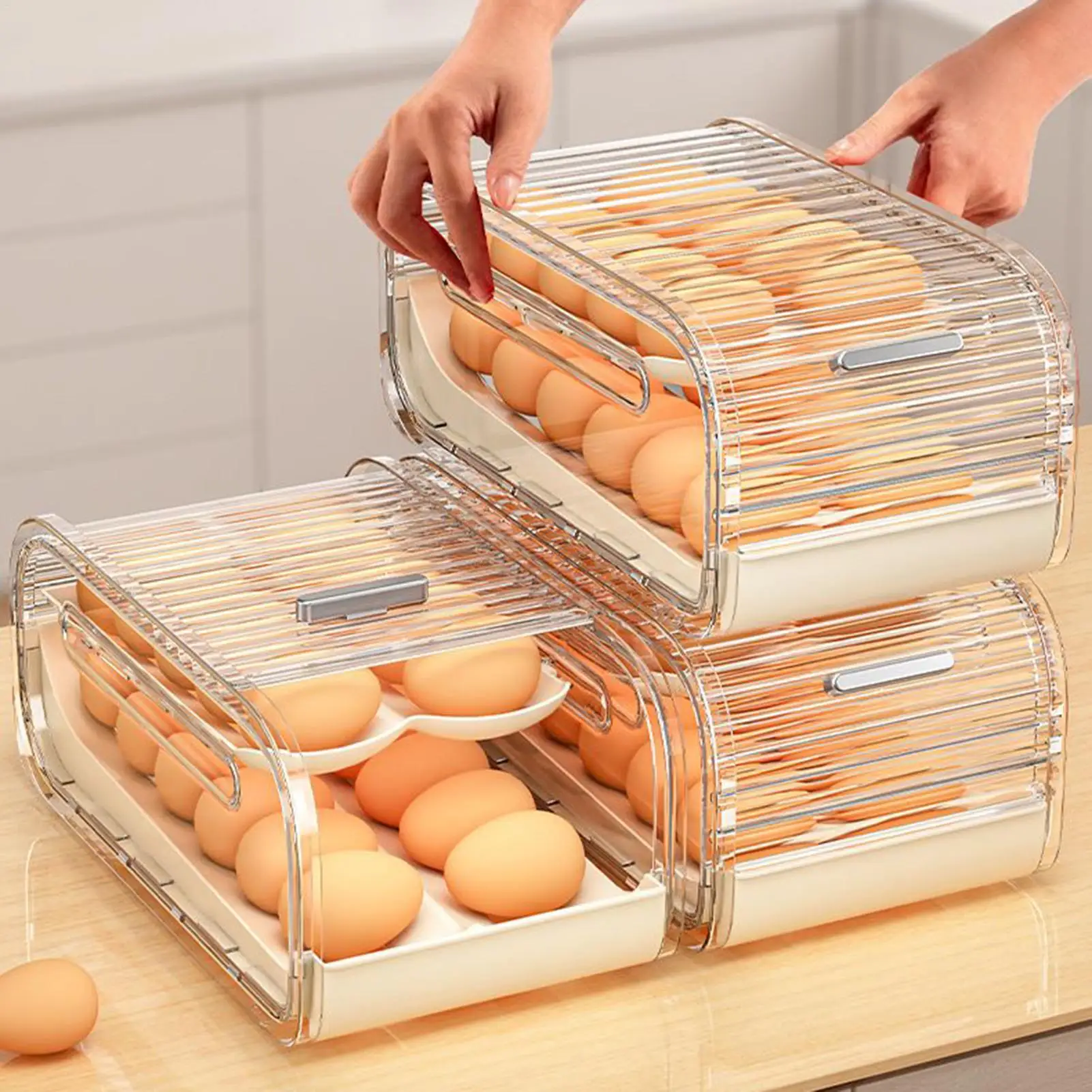 Bilayer Fridge Egg Storage Box Automatic Rolling Eggs Holder Rack Countertop Refrigerator Eggs Dispenser Egg Organizers Holder