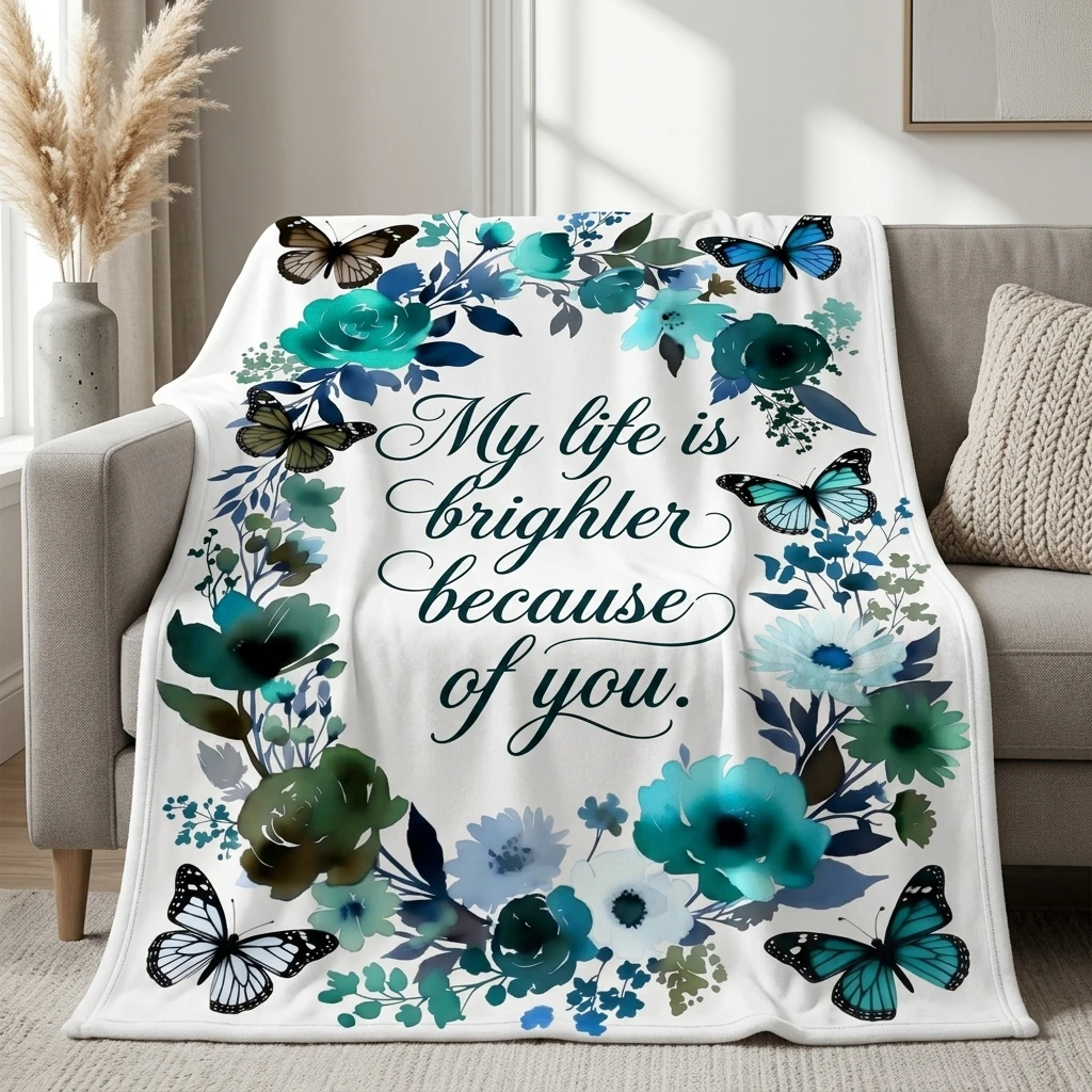 Turquoise Rose & Butterfly Wreath Flannel Throw Blanket, Cozy Romantic Quote Blanket for Bedroom & Living Room