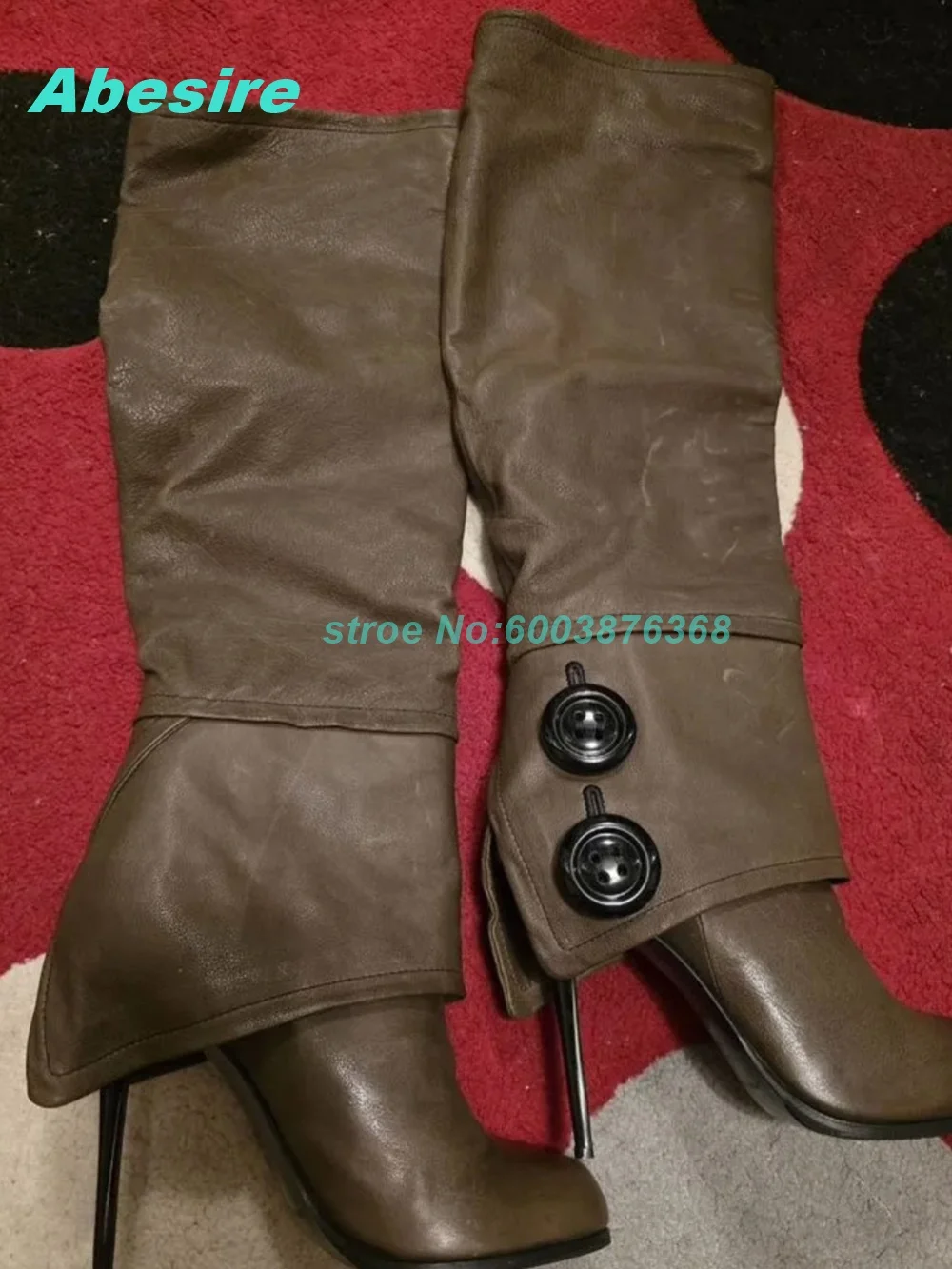 Retro Button‑Decor Knee High Boots Women Brown Slouchy Stiletto‑Heel Round‑Toe Side‑Zipper Long‑Boots Daily Autumn‑Winter Shoes