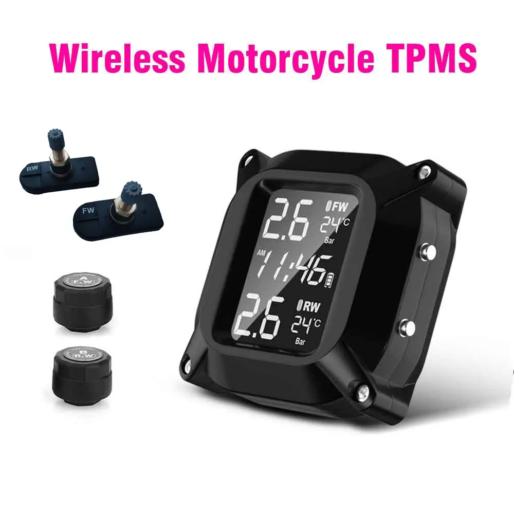 

Wireless Motorcycle TPMS Tire Pressure Monitoring System 2pcs External Sensor LCD Time Display Tyre Temperature Monitor Alarm