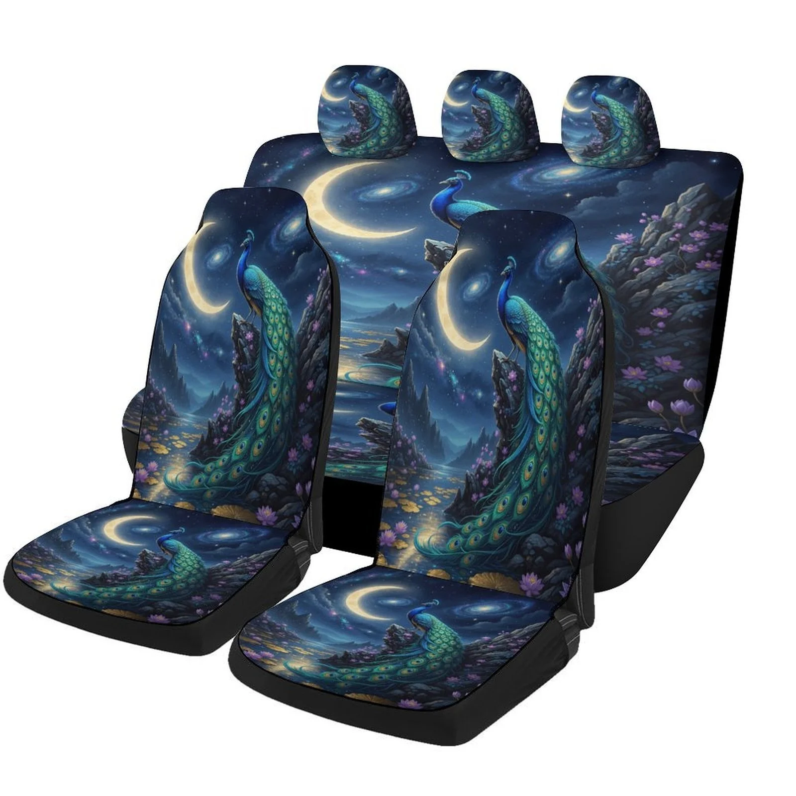 Peacock Moonlight Fantasy Car Seat Cover Set - Elegant & Green Peacock Design, Durable Polyester, Fit For Most Cars, All-Season