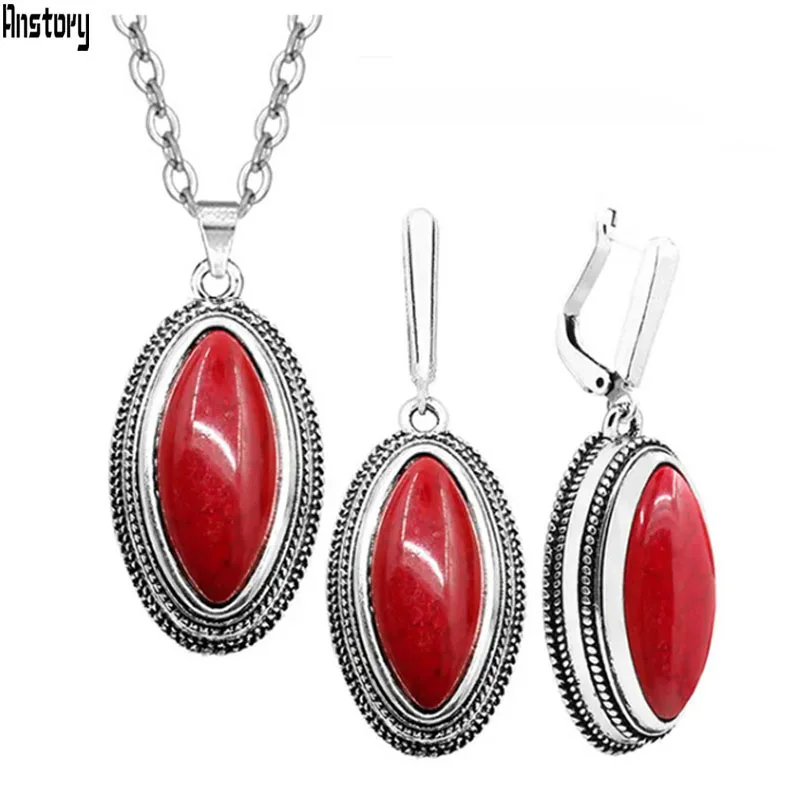 Double Layer Rhombus Red Stone Set Retro Necklace Earrings Set For Women Antique Silver Plated Fashion Jewelry