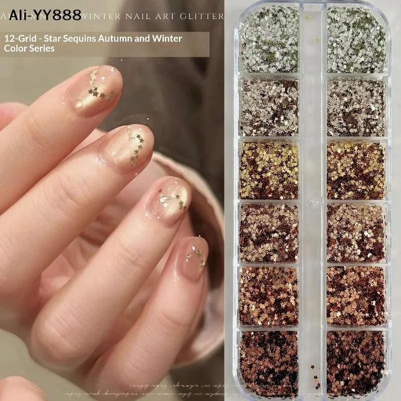 【Ay】1 Set DIY Manicure Accessories 12 Grids Star Polka Dot Nail Sequins 1MM Mini Colorful Pentagram Nails Art Flakes