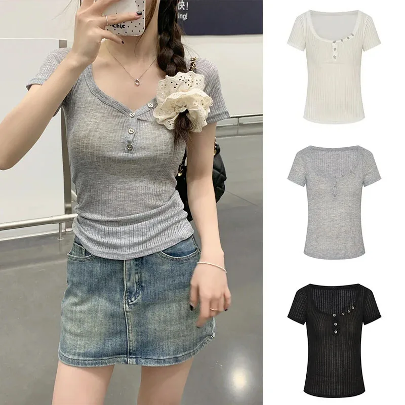 Summer Thin Perspective Short Sleeve Tops Woman Korean Slim Fit Knitted V-neck T-shirts All-match Solid Basic Clothing Lady Tees