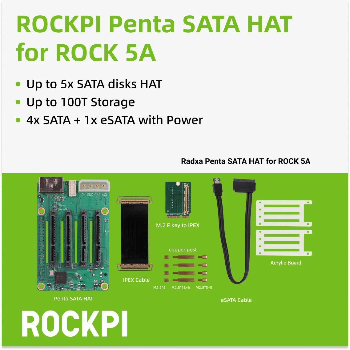 ROCKPI Penta SATA HAT — До 5 дисков SATA HAT для Raspberry Pi 5 и ROCK Pi SBCs, 3C,5A, 4A / 4B / 4SE / 4A+ / 4B+ / 3A